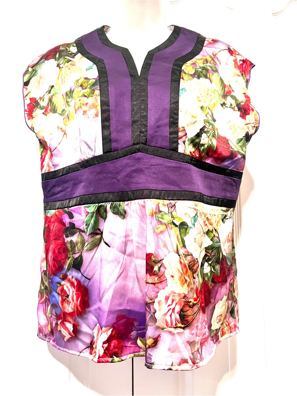 Purple Floral/Realistic Roses Satin-Trim Cap Sleeve Blouse-Med?-Casual/Dressy